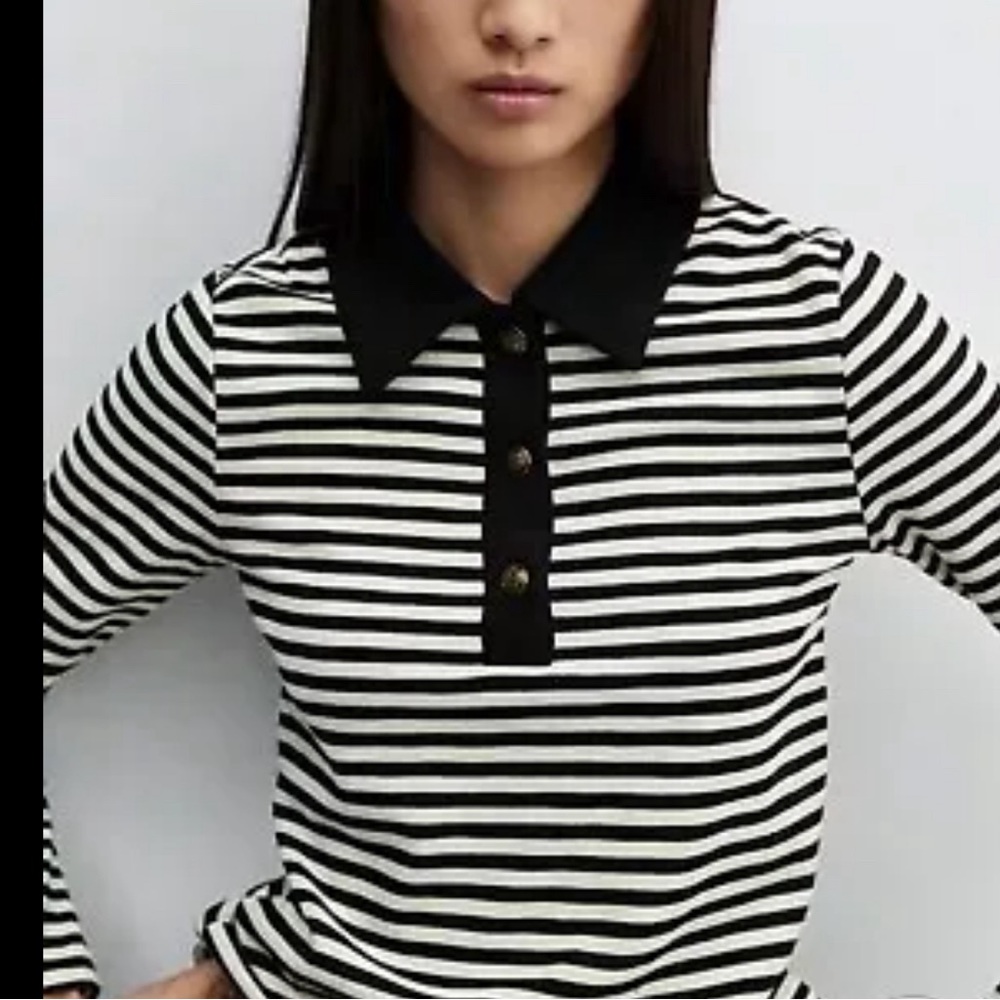 Mango Button Down Collared Polo Shirt NWOT Medium Stripe Women Black and White
